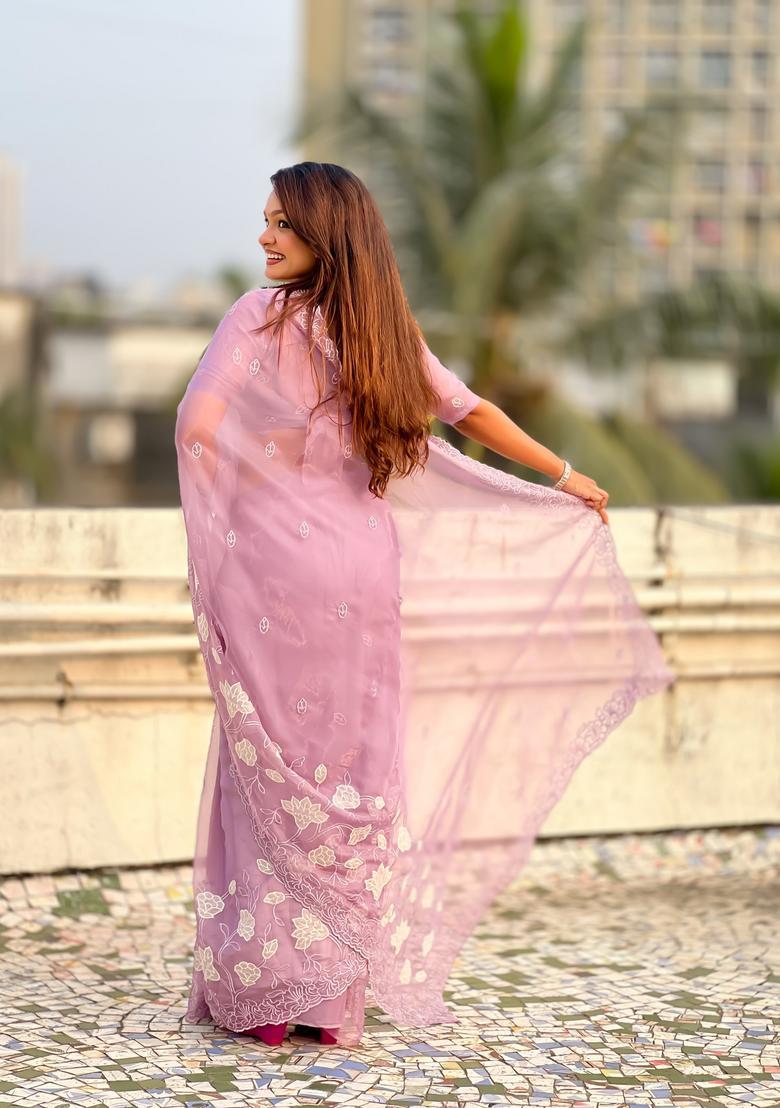 Lavender Embroidery Silk Saree Set - Indya