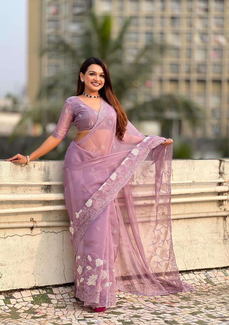 Lavender Embroidery Silk Saree Set - Indya
