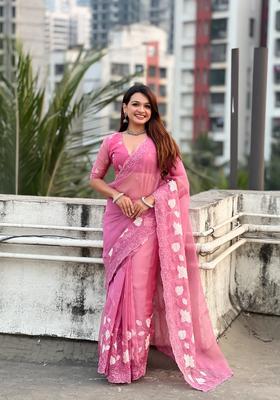 Pink Embroidery Silk Saree Set