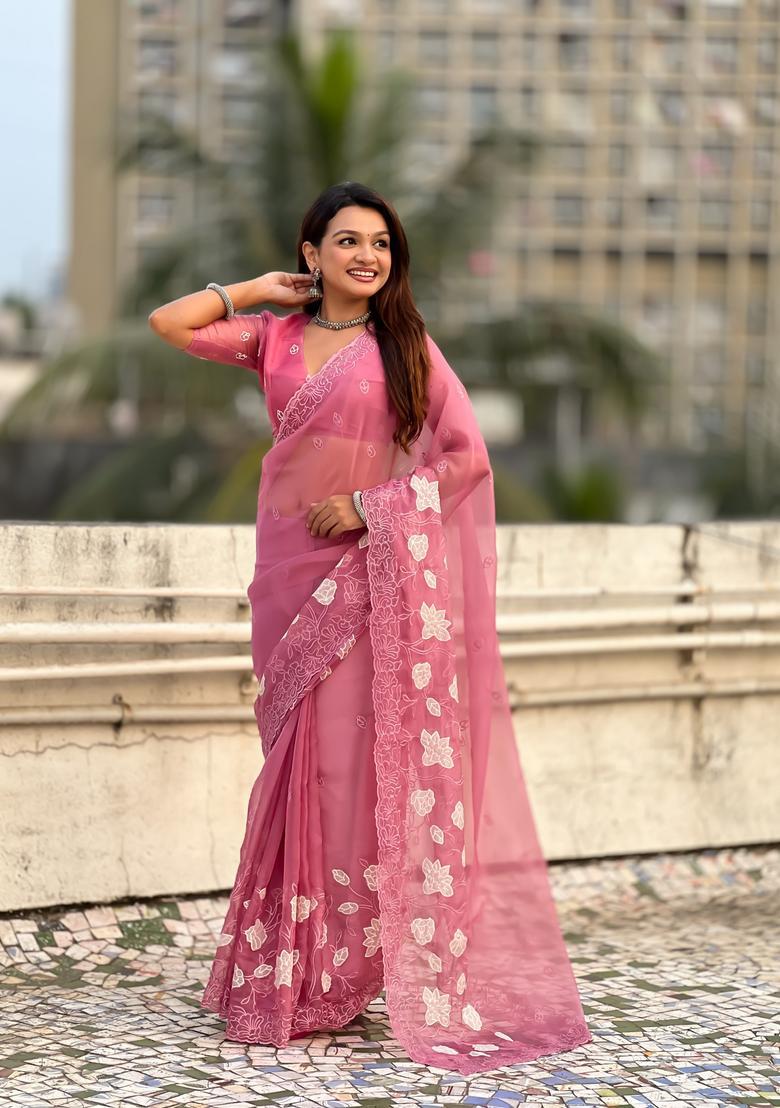 Pink Embroidery Silk Saree Set - Indya