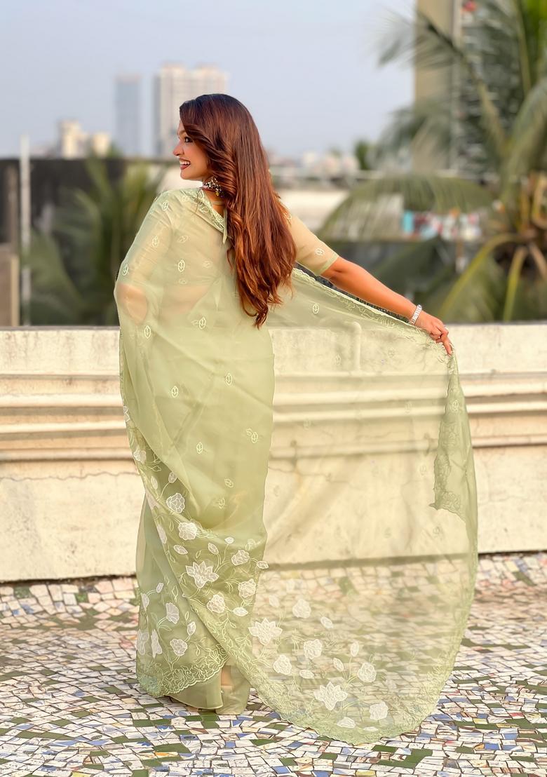 Green Embroidery Silk Saree Set - Indya