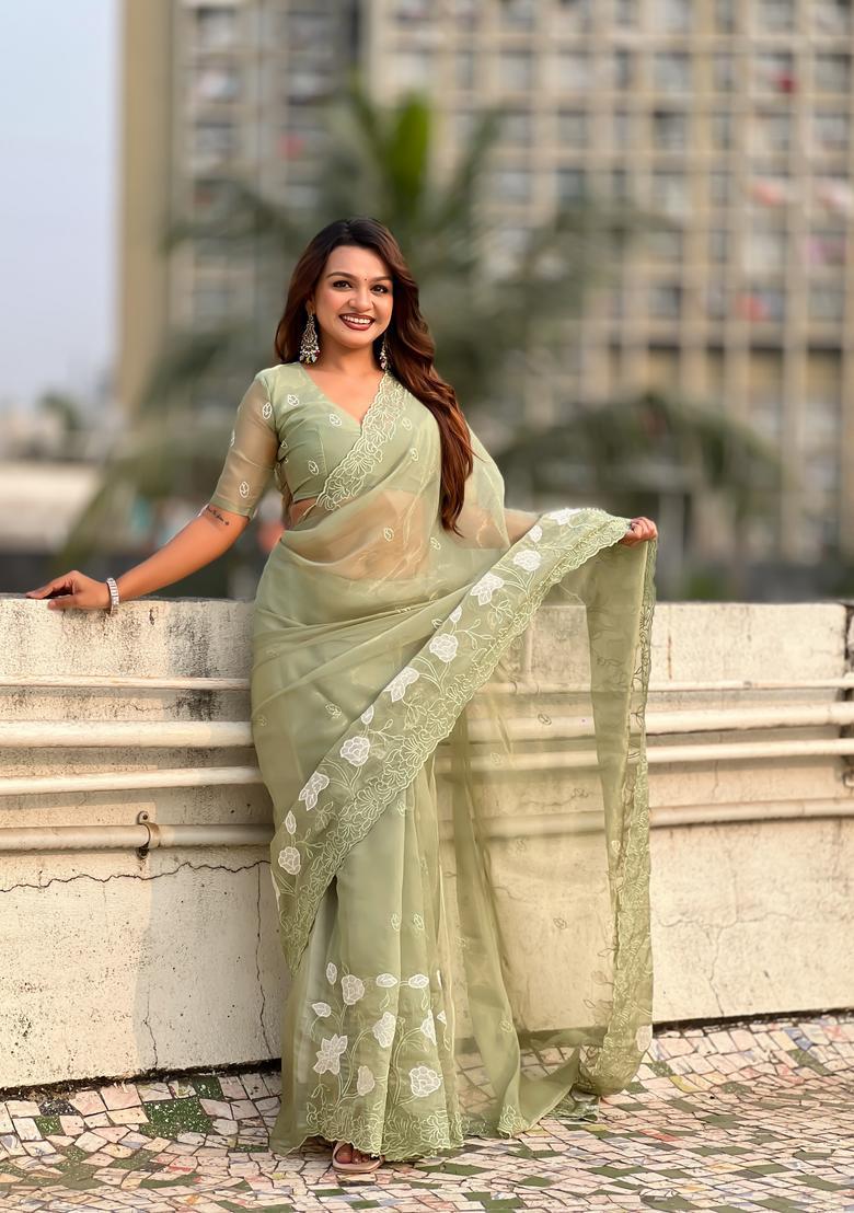 Green Embroidery Silk Saree Set - Indya