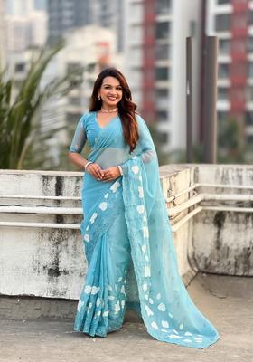 Sky Blue Embroidery Silk Saree Set