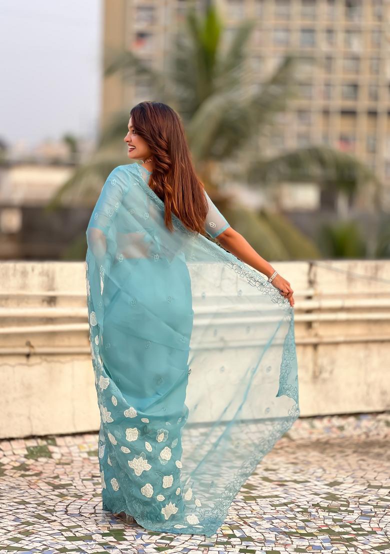 Sky Blue Embroidery Silk Saree Set - Indya