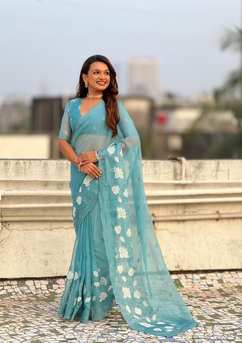 Sky Blue Embroidery Silk Saree Set - Indya