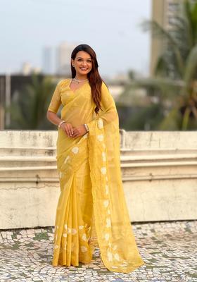 Yellow Embroidery Silk Saree Set