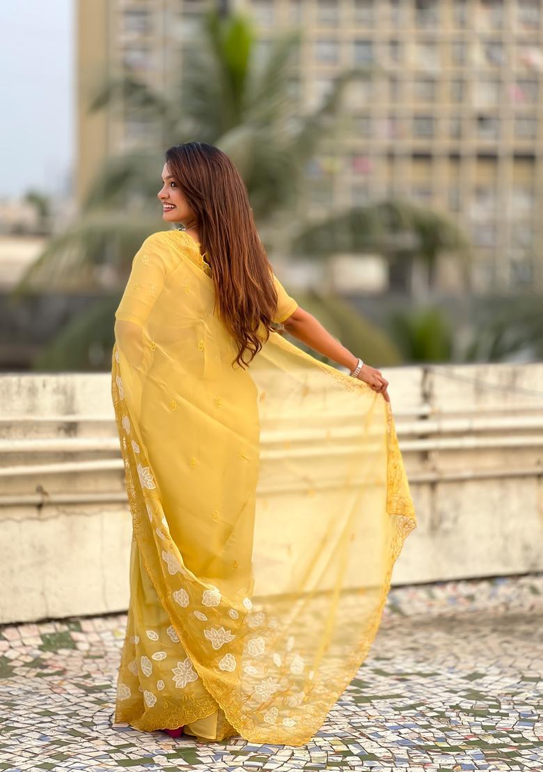 Yellow Embroidery Silk Saree Set - Indya