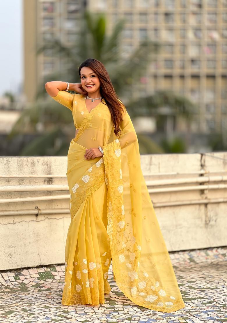 Yellow Embroidery Silk Saree Set - Indya
