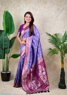 Lavender Zari Work Silk Saree Set