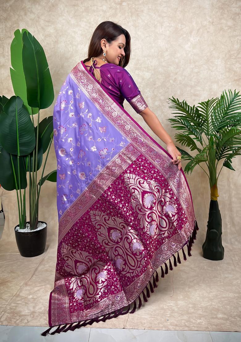 Lavender Zari Work Silk Saree Set - Indya