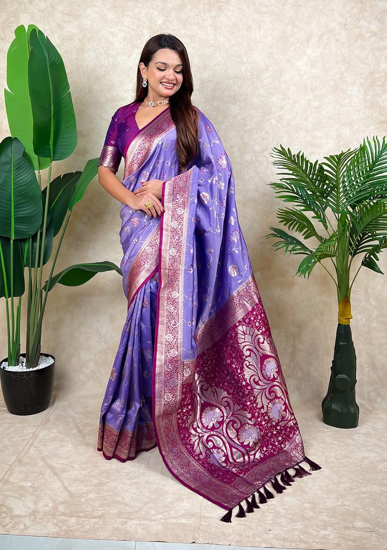 Lavender Zari Work Silk Saree Set - Indya