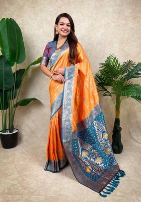 Orange Zari Work Silk Saree Set