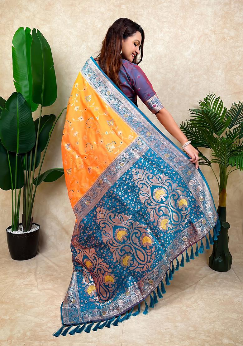Orange Zari Work Silk Saree Set - Indya