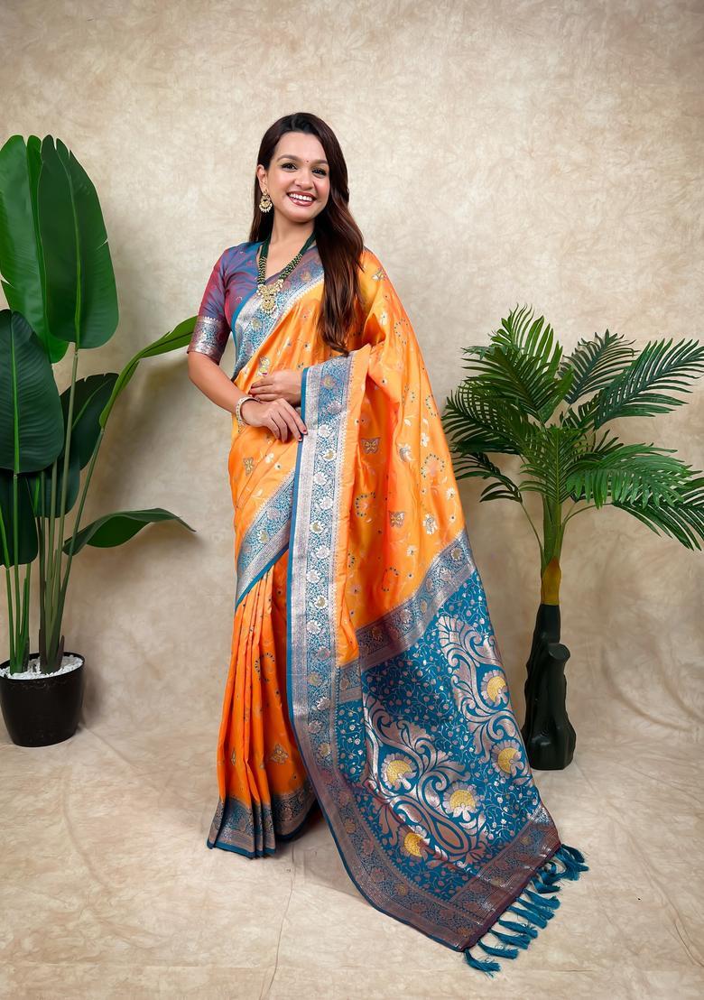 Orange Zari Work Silk Saree Set - Indya