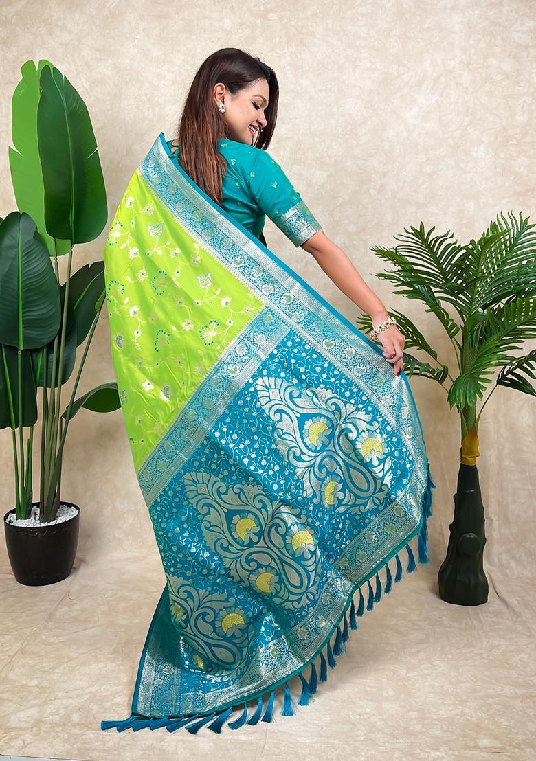 Olive Zari Work Silk Saree Set - Indya