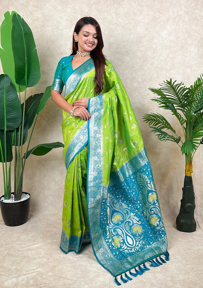 Olive Zari Work Silk Saree Set - Indya