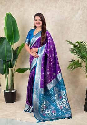 Purple Zari Work Silk Saree Set