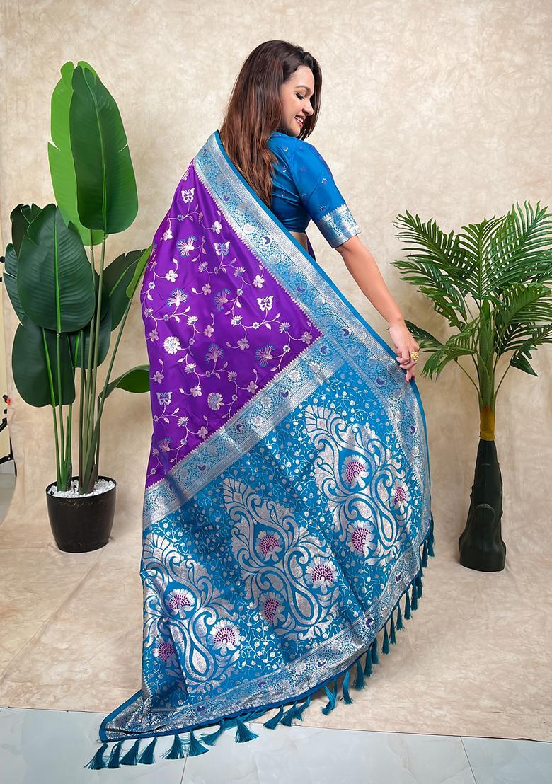 Purple Zari Work Silk Saree Set - Indya