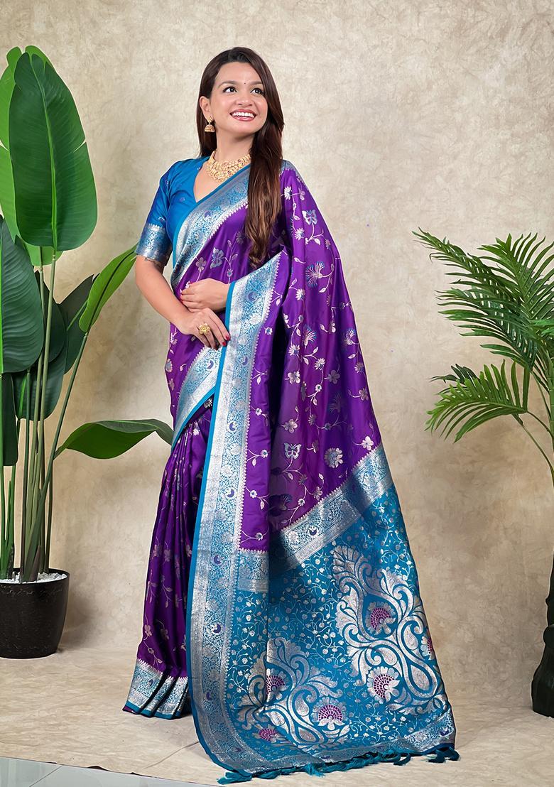 Purple Zari Work Silk Saree Set - Indya