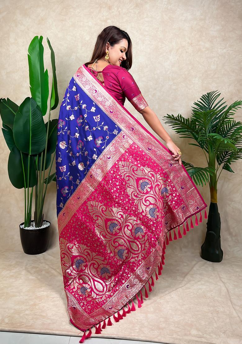 Violet Zari Work Silk Saree Set - Indya