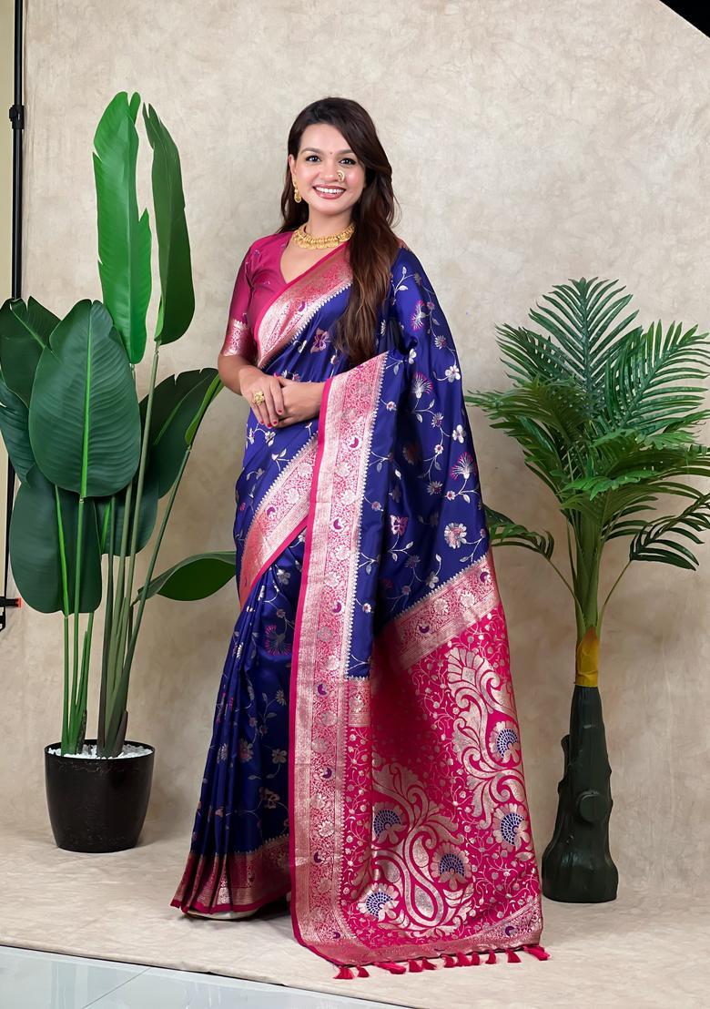 Violet Zari Work Silk Saree Set - Indya