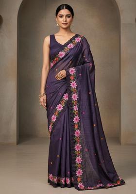 Purple Embroidery Silk Saree Set