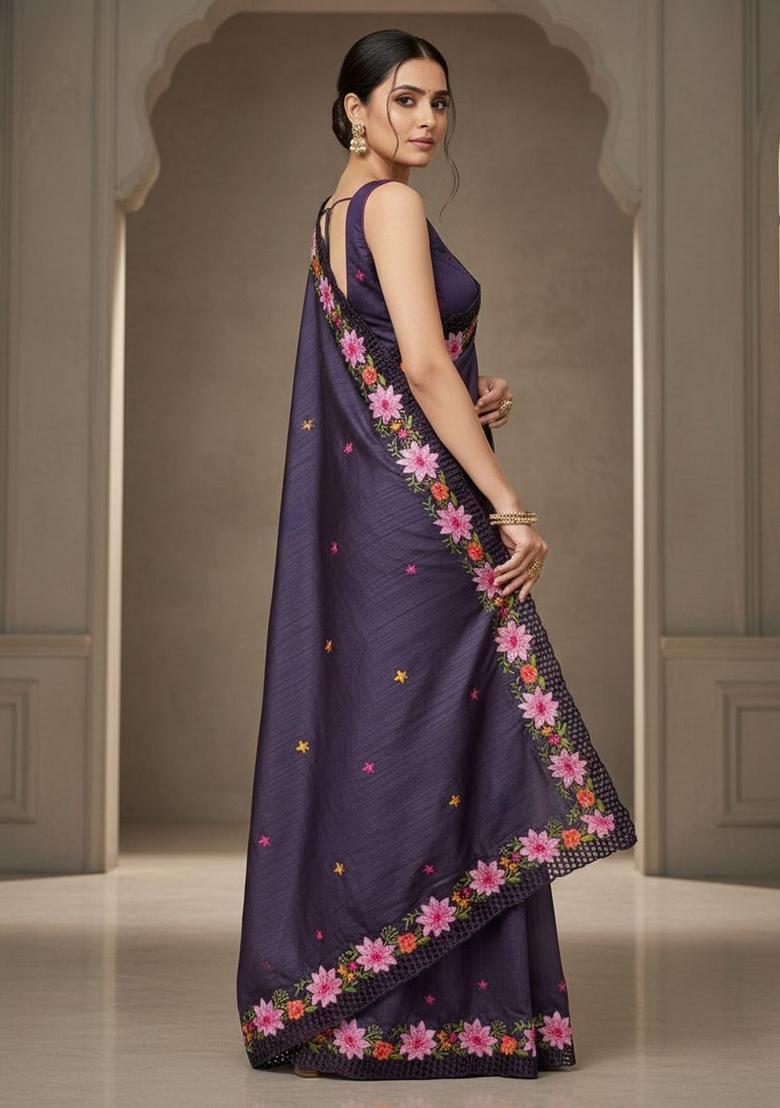 Purple Embroidery Silk Saree Set - Indya