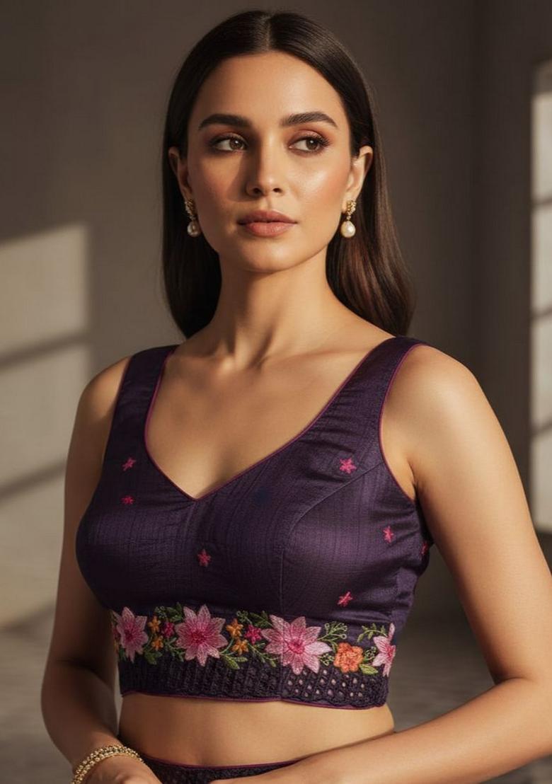 Purple Embroidery Silk Saree Set - Indya