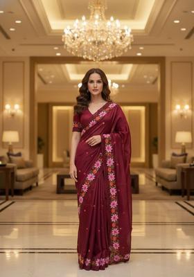 Red Embroidery Silk Saree Set