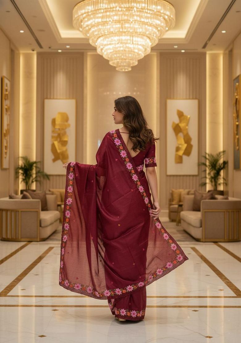 Red Embroidery Silk Saree Set - Indya