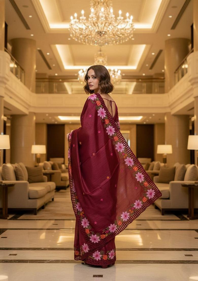Red Embroidery Silk Saree Set - Indya