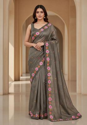 Grey Embroidery Silk Saree Set