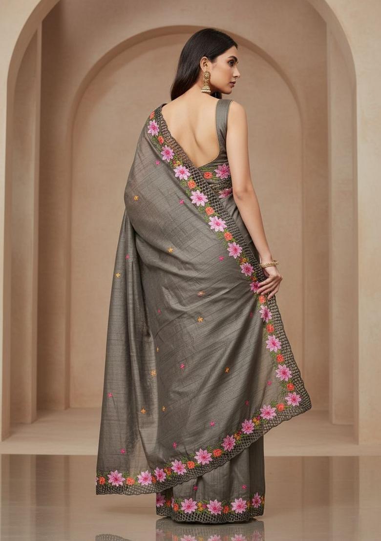 Grey Embroidery Silk Saree Set - Indya