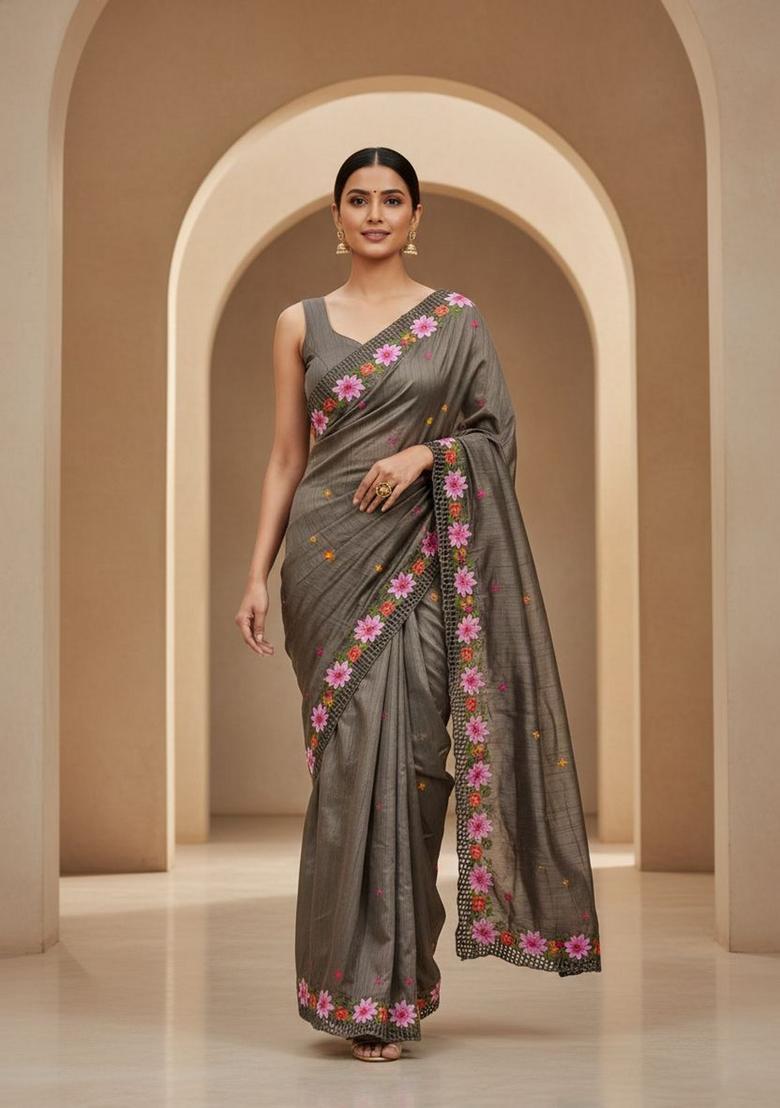 Grey Embroidery Silk Saree Set - Indya