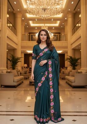 Teal Blue Embroidery Silk Saree Set