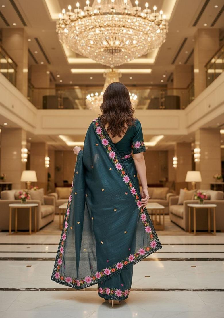 Teal Blue Embroidery Silk Saree Set - Indya