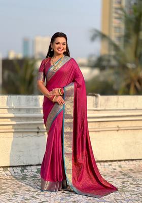 Pink Zari Work Silk Saree Set