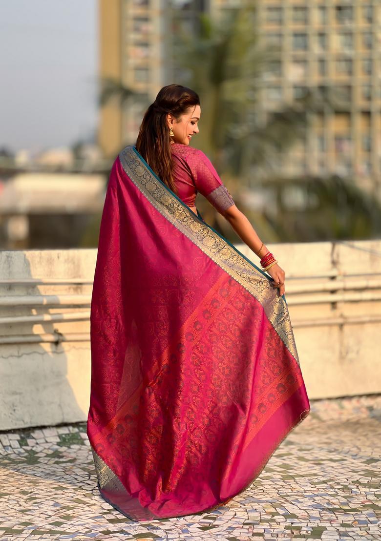 Pink Zari Work Silk Saree Set - Indya