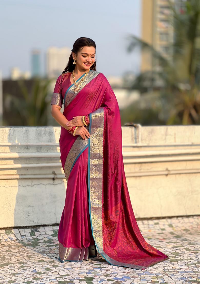 Pink Zari Work Silk Saree Set - Indya