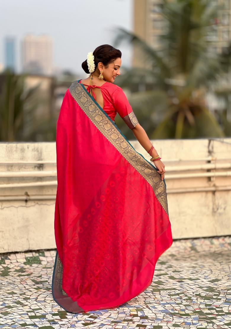 Pink Zari Work Silk Saree Set - Indya