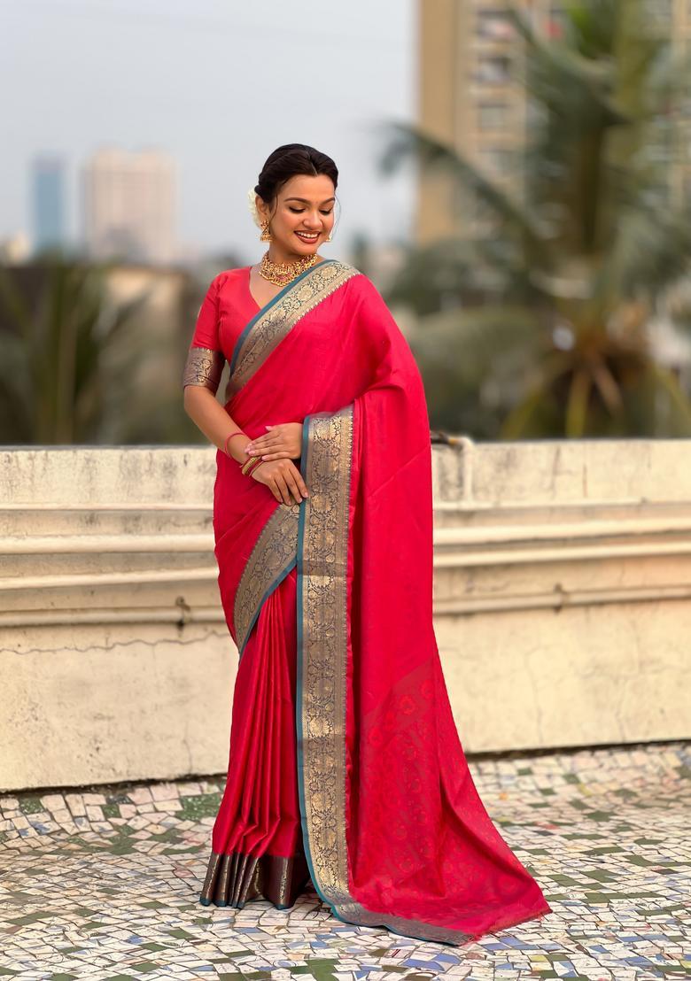 Pink Zari Work Silk Saree Set - Indya