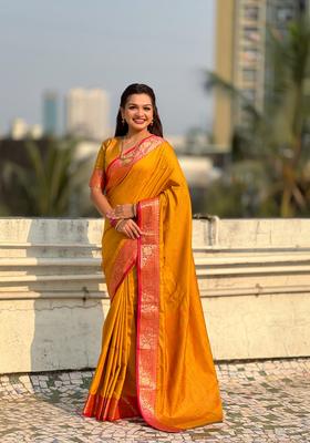 Mustard Zari Work Silk Saree Set