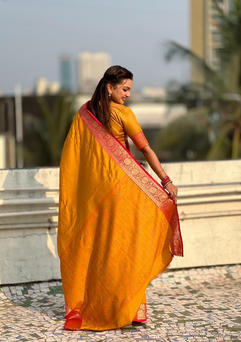 Mustard Zari Work Silk Saree Set - Indya