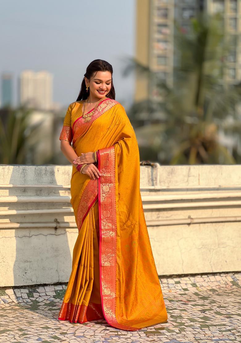 Mustard Zari Work Silk Saree Set - Indya