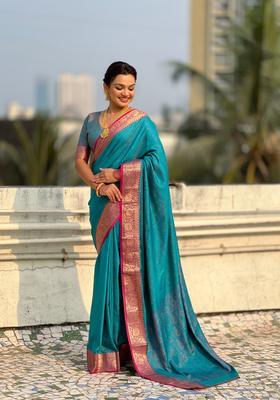 Sky Blue Zari Work Silk Saree Set