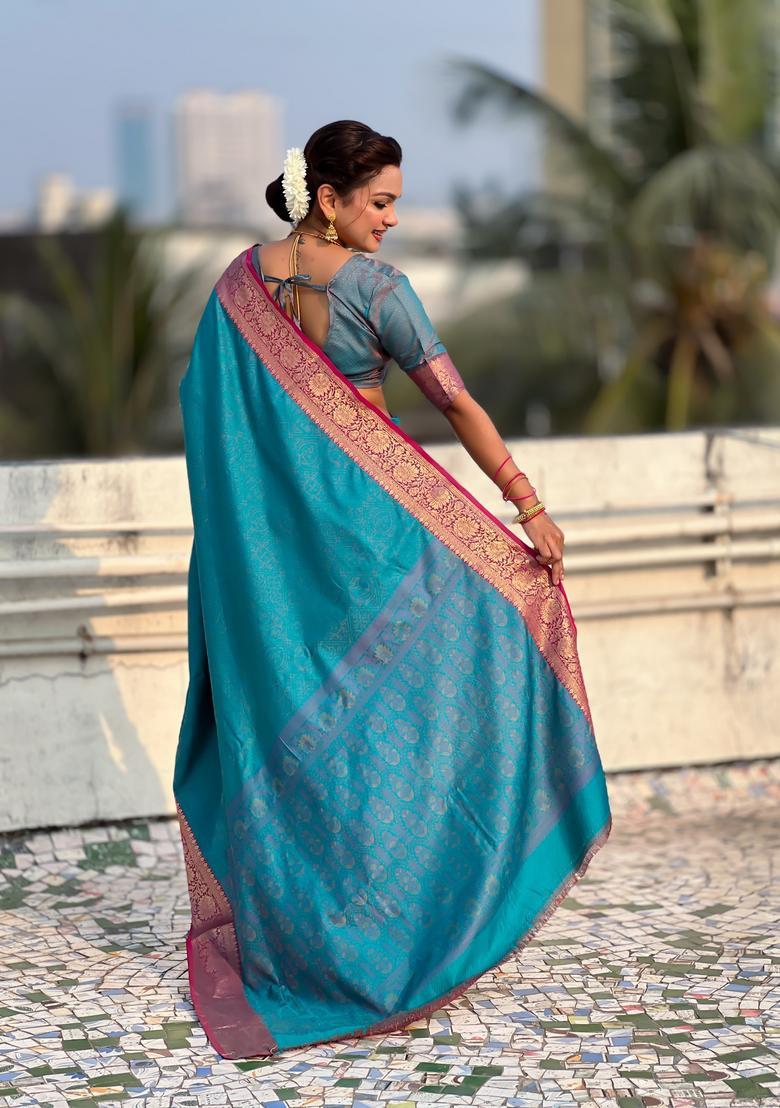 Sky Blue Zari Work Silk Saree Set - Indya
