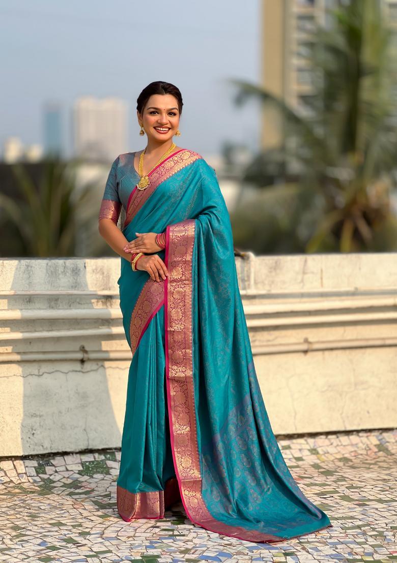 Sky Blue Zari Work Silk Saree Set - Indya