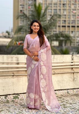 Lavender Embroidery Silk Saree Set