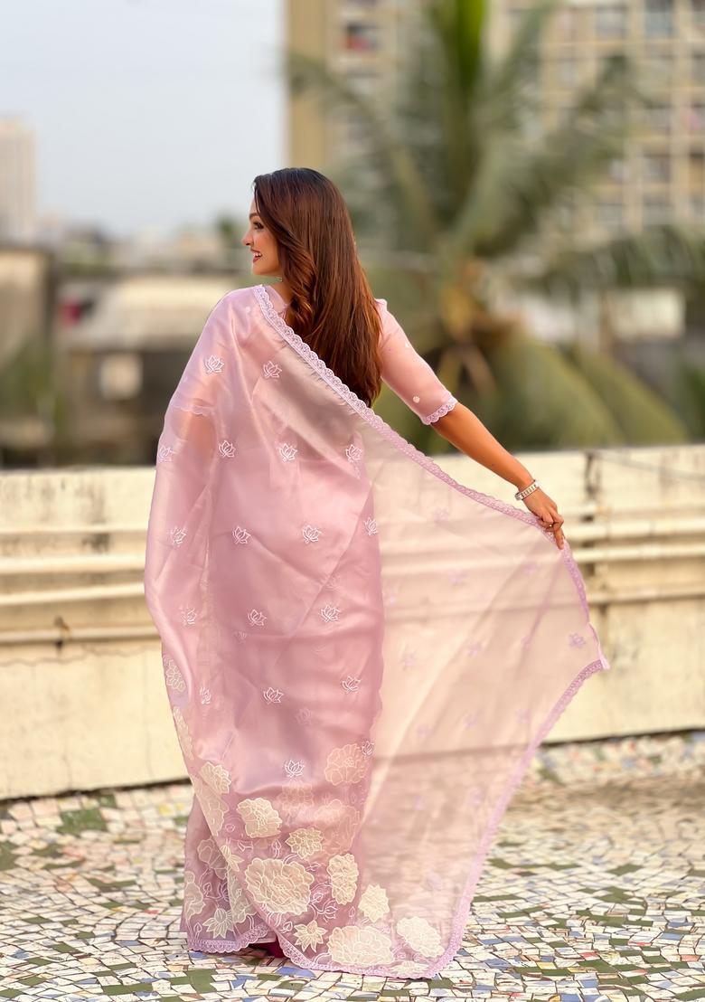 Lavender Embroidery Silk Saree Set - Indya