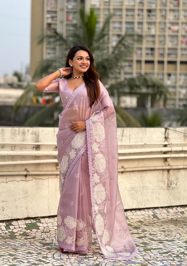 Lavender Embroidery Silk Saree Set - Indya